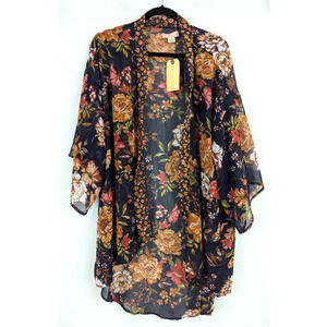 New BOG Collective sz M/L Long Sheer open front Cardigan Jacket floral 0300